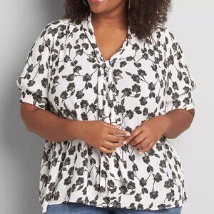 Lane Bryant Women's 22 White Black Floral Print Tie-Neck Popover Blouse Top